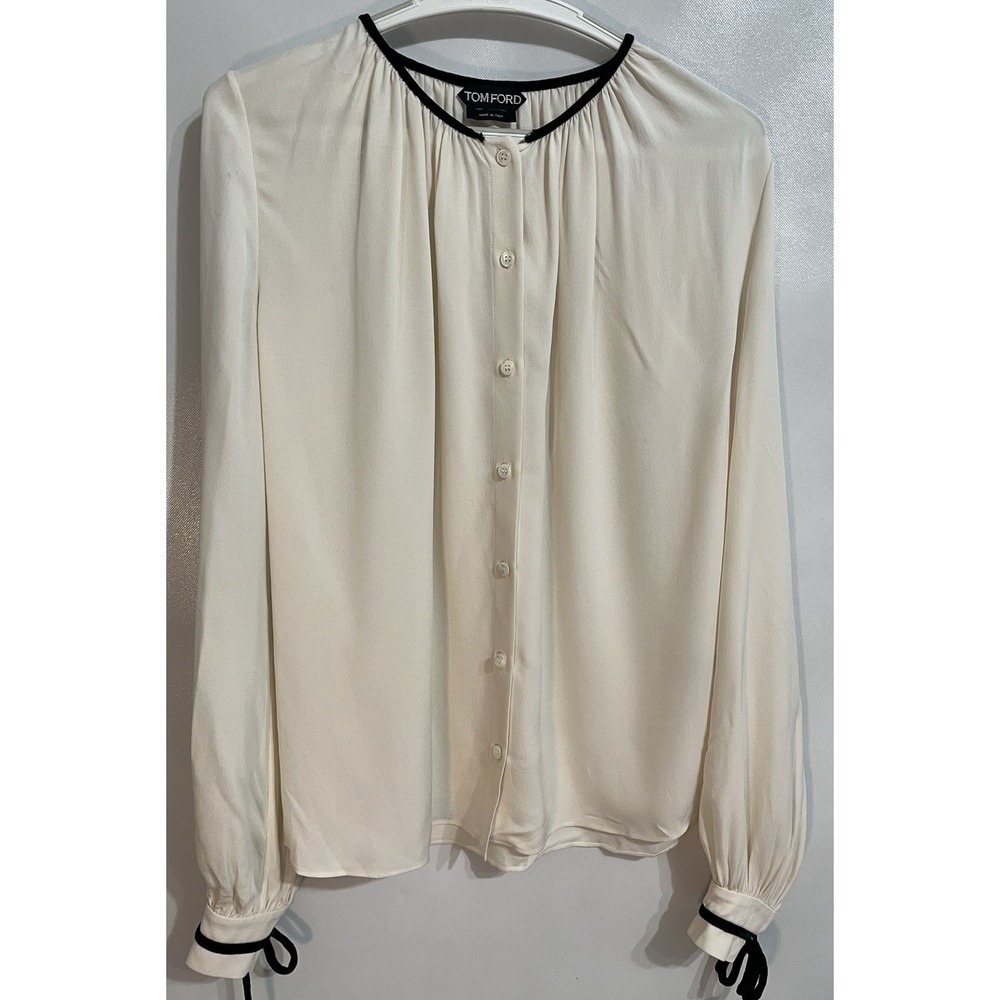Tom Ford Size 40 US 6 Silk Button Shirt Ivory Black Trim Long Sleeve FLAW
